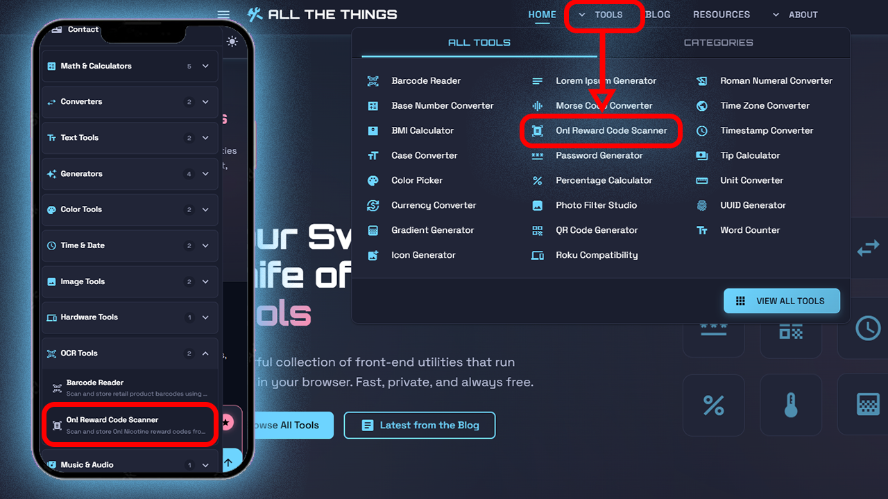 Navigate to the On! Reward Code Scanner tool